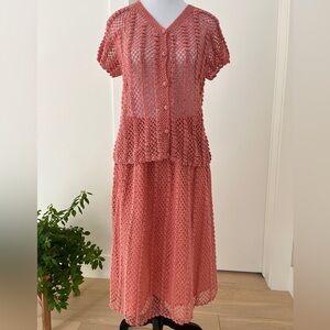 VINTAGE Handmade Two Piece Lined Skirt & Short Sleeve Sheer Top Dainty Crochet
